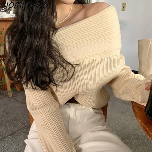 Nomikuma Korean Fold Off Shoulder Sexy Strapless Sweaters Long Sleeve Autumn Winter Pull Femme Causal Knitted Pullovers 6L680