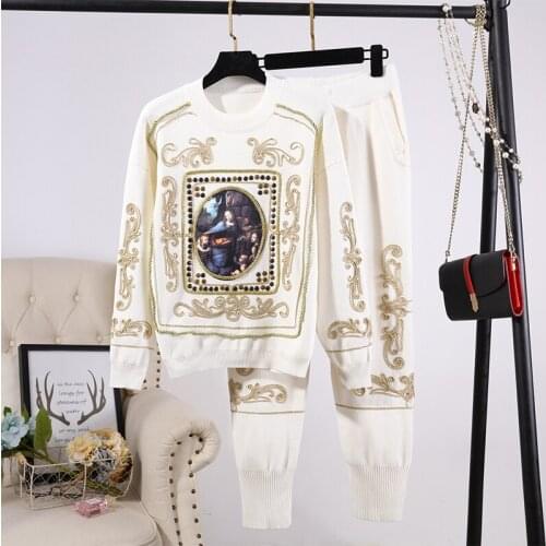 Red Black White Gray Knitted Set Women Rivet Embroidery Sweater Long Pants Two Piece Outfits Female Loose Casual Knit Suit 2pc