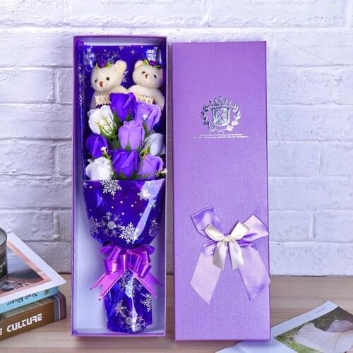 Colorful soap flower plush bouquet toy Valentines Day birthday Gifts toy cartoon purle animal bear toy