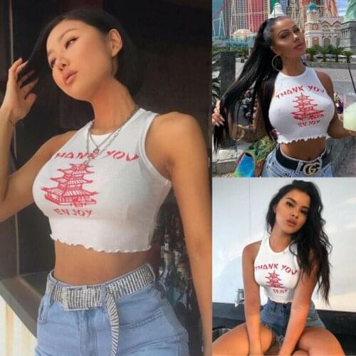 Summer Sexy Women Alphabet Printing Tank Tops Cropped Ladies Elastic Slim Vest White Sleeveless Short Tanks