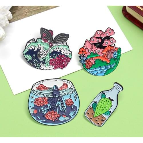 Cartoon Plants Flower Metal Enamel Pins Custom Cherry blossoms Forest Whale Sea wave Peak Rose Brooches Lapel Badge Jewelry Gift