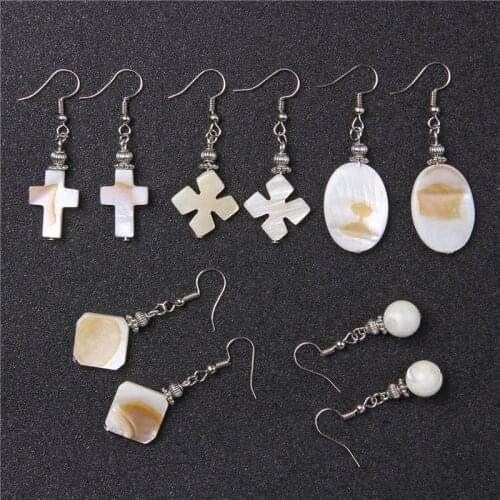 Fashion White Natural Mother of Pearl Shell Drop Earrings Female Cross Statement Shell Earrings Dangle for Women Jewelry Gifts