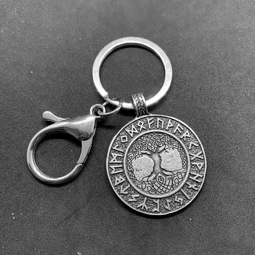 Fashion double-sided engraving Viking World Tree Rune Metal Pendant Keychain Mens Religious Belief Lobster Buckle Keyring