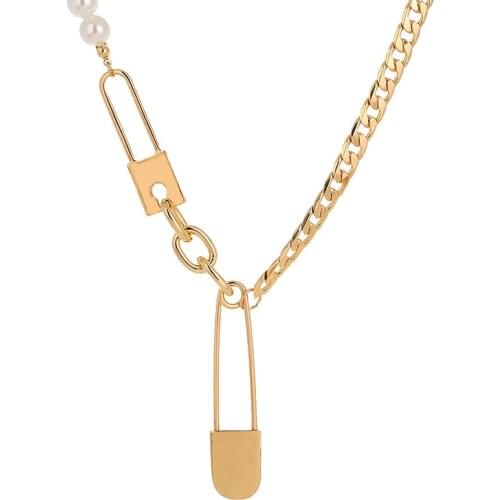 SRCOI Fashion Unique Paper Clip Safety Pin Pendent Imitation Pearl Asymmetric Cuban Chain Long Necklace Jewelry Accessory