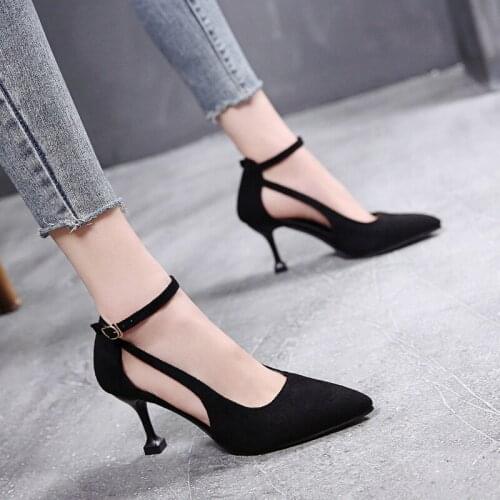 2019 new Korean fashion wild pointed suede shallow mouth high heels sexy hollow high heels large size 34-40