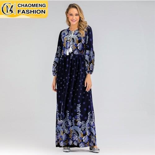 New Muslim Arabic Velvet Pakistani Turkey Dubai Abaya Print Long Sleeve Islamic Clothing Ramadan Women Modest Dress