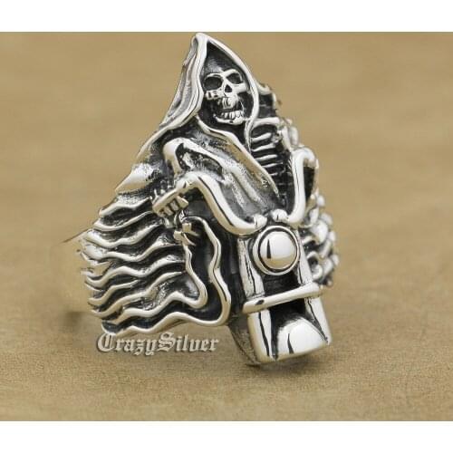Fire Motorcycle Ring 925 Sterling Silver Mens Biker Punk Skull Ring 9W026 US Size 7 ~ 14