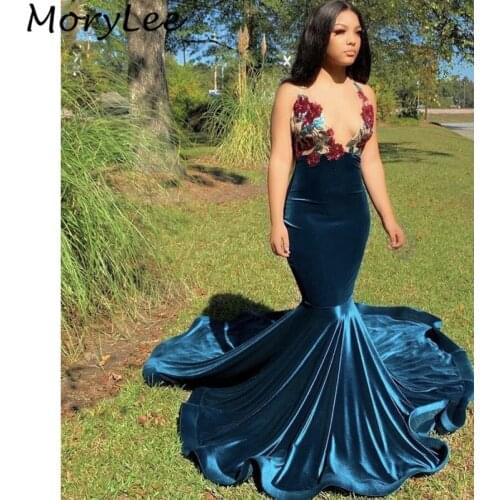 Fancy Prom Dresses V-Neck Sleeveless Mermaid Lace Applique Velour Prom Dresses With Zipper Back vestidos de fiesta de noche