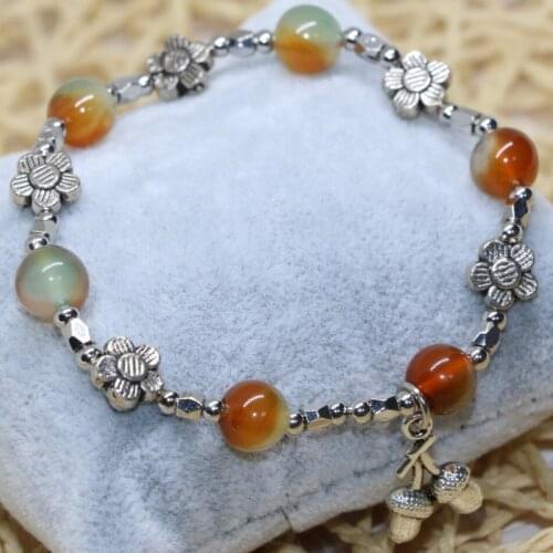 Semi-precious stone multicolor natural chalcedony jades beaded bracelet round beads 8mm silver-color spacer jewels 7.5inch B1939