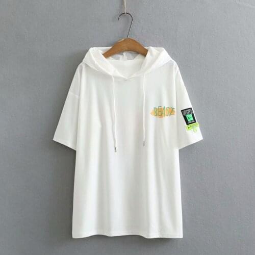 Plus size hooded short sleeves cotton women tshirts 2021 summer ladies t shirts female tops letter print pink black t-shirts