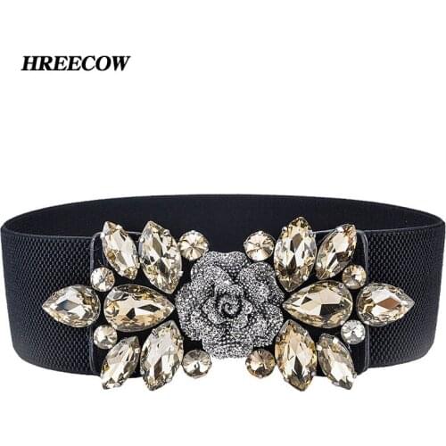 Hot European and American woven elastic Artificial crystal wide belt lady fashion Cummerbunds Female Rose belts for girdle women
