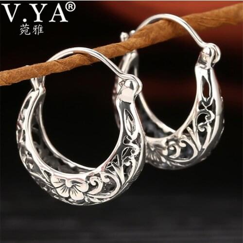 V.YA Pure 925 Sterling Silver Moon Shape Hoop Earrings Vintage Hollow Floral Earring Fashion Women Jewelry