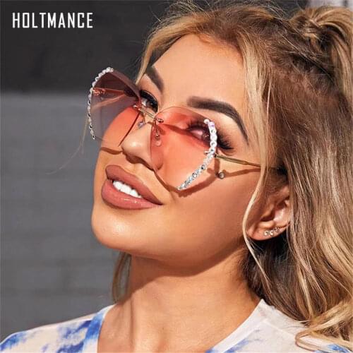 Luxury Fashion Rimless Sunglasses Women Brand Designer Largesized Diamond Decoration Gradient Shades Sexy Sun Glasses For female