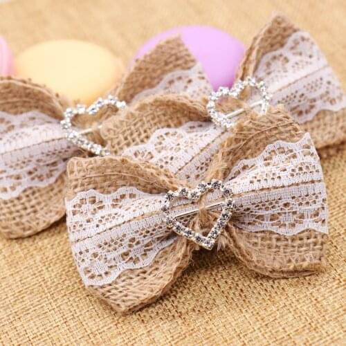 Heart Shape Rhinestone Buckle Jute Burlap Lace Bows Cute Bowknot Rustic Wedding Decoration Scrapbooking Hair Hat Craft Supplies