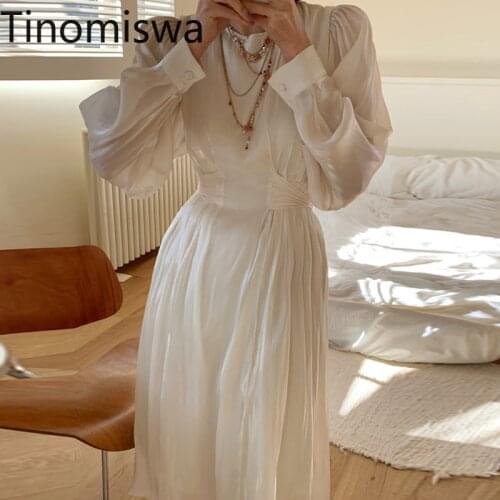 Tinomiswa Slim Waist Elegant Maxi Dress Women O Neck Long Sleeve Unicolor Korean Chic Dresses High Waist Lace Up Office Ladies