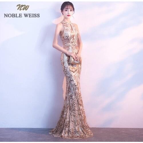 NOBLE WEISS Elegant Halter Evening Dress Mermaid Prom Gowns Sexy Formal Evening Gown Sequin Prom Dress Free Shipping