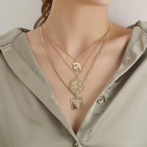 Vintage Human Face Head Portrait Carved Coin Flower Pendant Multilayer Necklace for Women Long Necklaces Party Gift Dropshipping