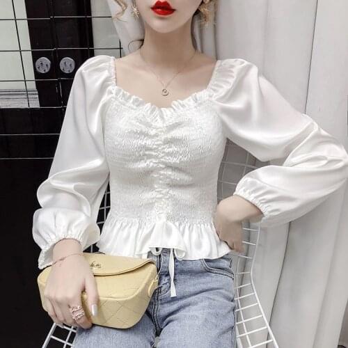 Women 2021 Spring Autumn Fashion Square Collar Thin Shirts Female Long Sleeve Slim Blouses Ladies Solid Color Short Shirts W97