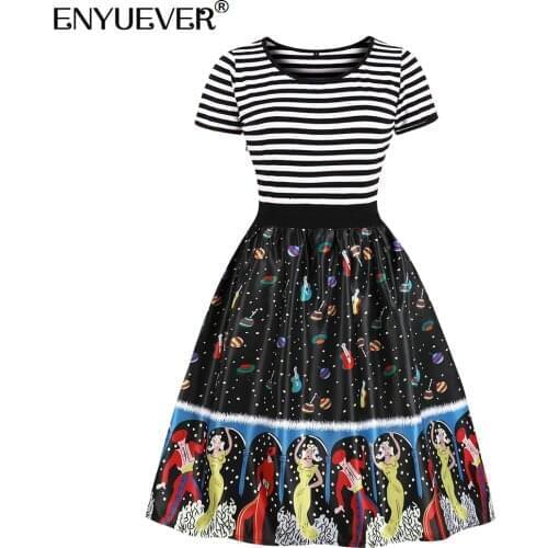 Enyuever Summer Dress Women Clothing Short Sleeve Striped Patchwork Robe Pin Up Elegant Vintage Party Casual Dress Streetwear