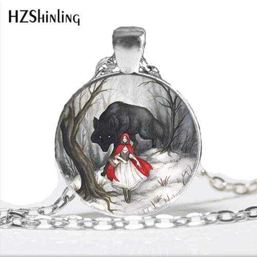 NS-00789 Fashion Little Red Riding Hood and Wolf Pendant Necklace Fairytale Art Photo Handmade Vintage Necklaces Women HZ1