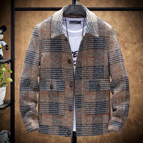 2021 new Autumn winter mens fashion high-end plaid woolen windbreaker mens casual short padded camel jacket coat S-4XL