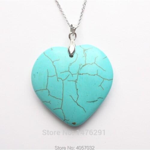 39X39MM Artificial Howlite Turquoises Double Side Heart Bead Pendant & Chain Necklace 18"L