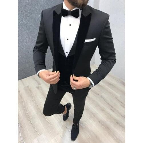 ANNIEBRITNEY Dark Grey Slim Fit Tuxedo Groom Suits For Men Wedding 2020 Fashion Prom Wedding Peaked Lapel Men Suit With Pants