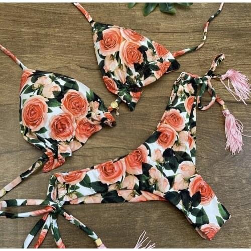 Sexy Women Low Waist Bikini Solid Color Swimwear Floral Print Bathing Suits Split Halter String Beachwear Mujer Thong Biquini