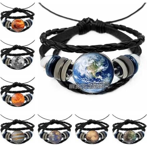 Full Moon Earth Solar System Black Leather Bracelets Blanks Universe Galaxy Jewelry Charm Multi Layers Weave Punk Bracelets