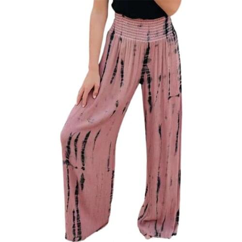 High Waist Pants Full Length Elastic Waist Print Trousers Wide Leg Straight Women Trousers for Daily Wear