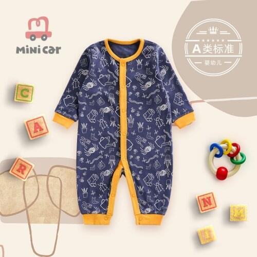 Newborn babys one piece suit male babys pure cotton Romper spring and autumn long sleeve cardigan clothes open file climbing c