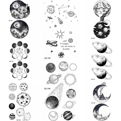 Black Cartoon Interline Kids Temporary Tattoo Stickers Boys Cute Universe Fake Tatoos Women Arm Moon Waterproof Tatto Spacecraft