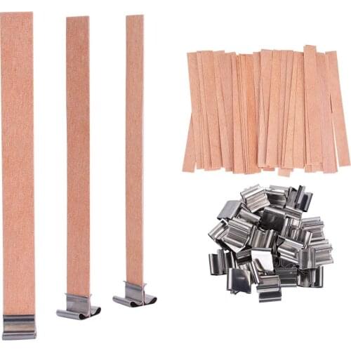 50PCS Wood Candle Wicks with Iron Stand Candle Cores Natural Environmental-Friendly Wick for Candle Making and Candle DIY Craft