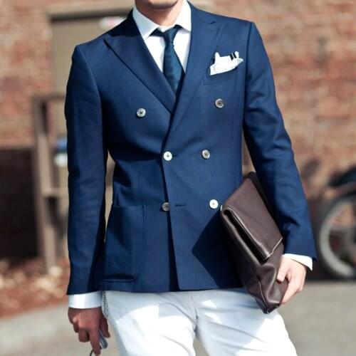 Double Breasted Two Pieces Slim Men Suit White Pants Groom Wedding Tuxedo Prom Wedding Business Men Suit (Jacket+Trousers)