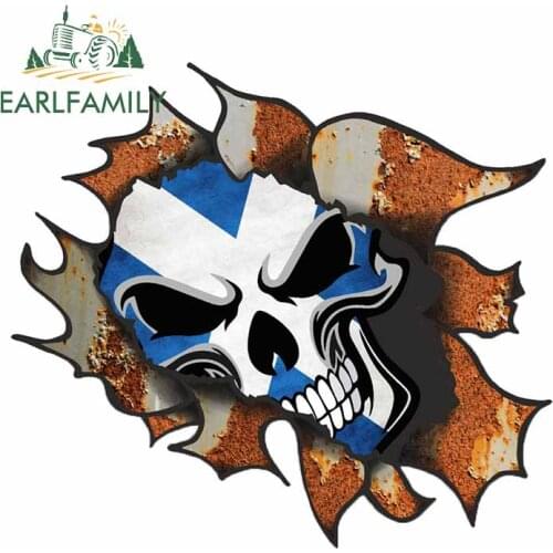 EARLFAMILY 13cm x 11.6cm 3D Ripped Torn Metal Rusty Design and Scotland Scottish Flag Skull Motif External Vinyl Car Sticker