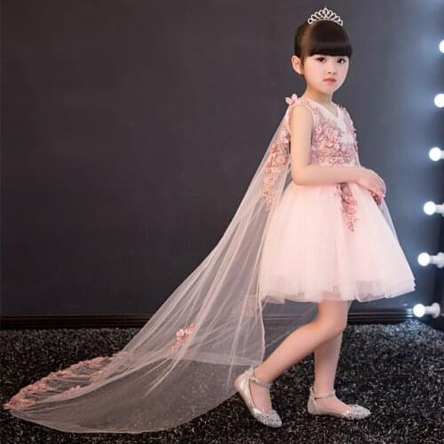 Glizt Long trailing Flower Girls Dresses For Wedding Beaded Appliques Lace Girl Birthday Dress Pink Tulle Pageant Party Dresses