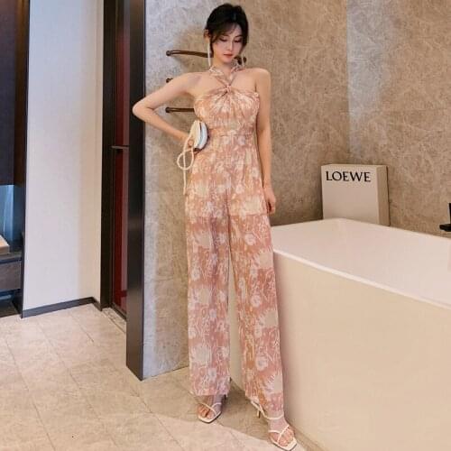 Summer Elegant Long Rompers Sexy Women Print Chiffon Jumpsuit Party Halter Catsuit Overalls Bodysuit Club Pants Casual Playsuits