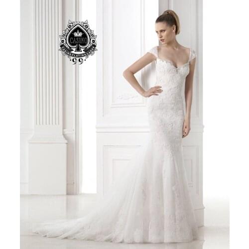 Hot sale lace appliques sequined cap sleeve mermaid Wedding Dress 2015 new sexy rhinestone vestidos Brides long bridal gown