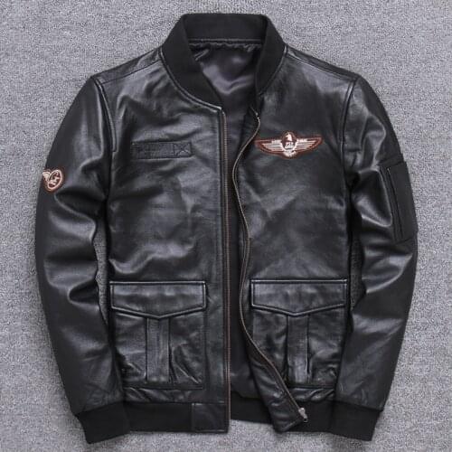 Mens Genuine Cowhide Short Black Leather Jacket Pilot Suit Cowhide Jacket Motorcycle Slim Leather Jacket Coat Plus Size 5XL