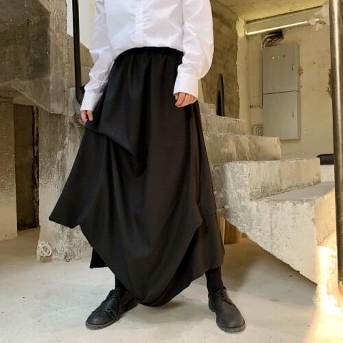 Men Japan Style Irregular Pleated Skirts Pants Male Hip Hop Streetwear Loose Casual Punk Gothic Kimono Pants Stage Clothing