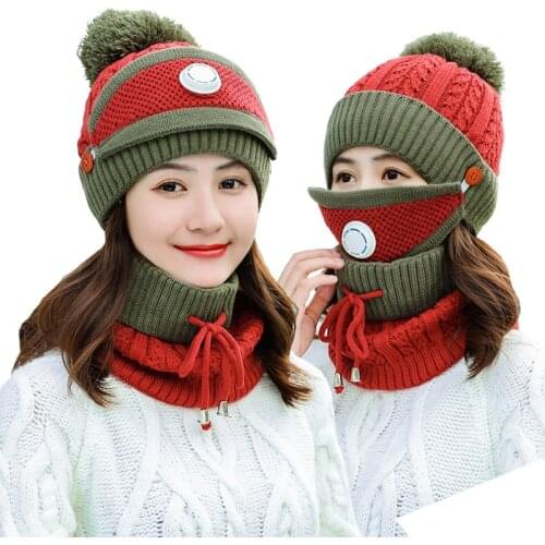 New Style Hat+ Scarf+Mask/Set Autumn Winter Women Thicken Velvet Hat And Scarf Knitted Woolen Mask Windproof Keep Warm Hat Set