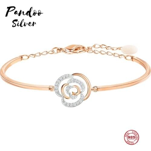 PANDOO Fashion Charm Pure 925 Silver Original 1:1 Copy, Elegant Rose Gold Flower Wild Bracelet Female Luxury Jewelry Gifts