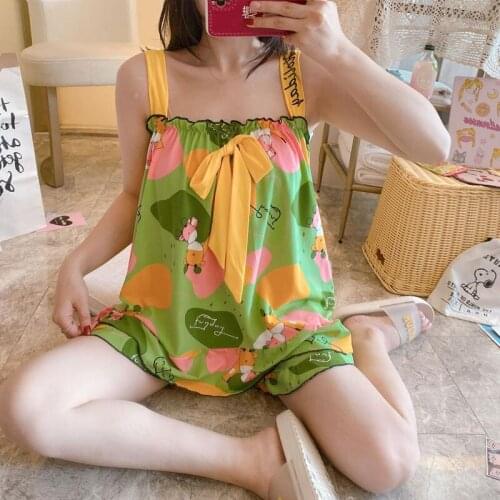 2021 Summer Women Sling Sleepwear Cute Cartoon Princess Pajamas Set Soft Thin Girls Short-Sleeved Cotton Lingerie Home Wear