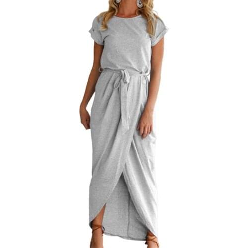 Maxi Dress O Neck Short Sleeve High Waist Women Dress Solid Color All Match Irregular Hem Front Split Maxi Dress Sundress