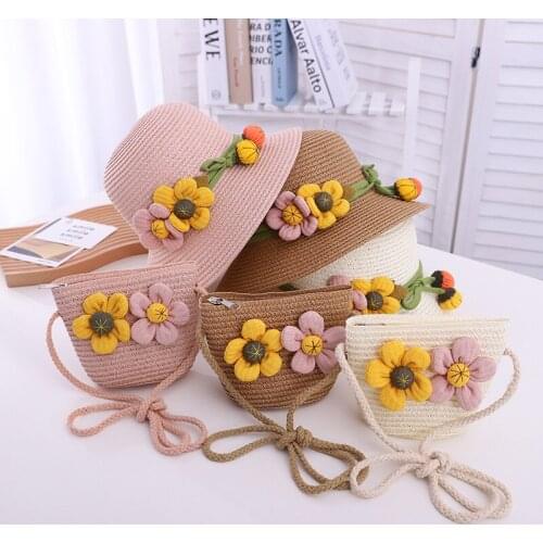 Parent-child Sunscreen Hat Messenger Bag Set Cute Flower Princess Straw Hat for Girls Lady Beach Sun Hat Child Mini Shoulder Bag