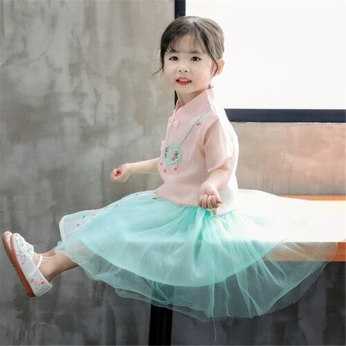 Yarn skirt suit spring summer retro skirt suit girl Hanfu national wind hot selling childrens clothing pink green qipao dress