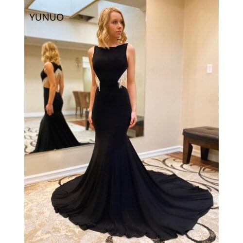 YUNUO 2021 Elegant Black Evening Dresses Mermaid Open Zipper Tassel robe de soiree Prom Party Dress Formal Event Dress Women