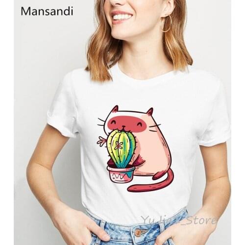 Funny t shirts women Cat Eating Cactus print t-shirt camiseta mujer harajuku ulzzang shirt harajuku kawaii clothes tshirt tops