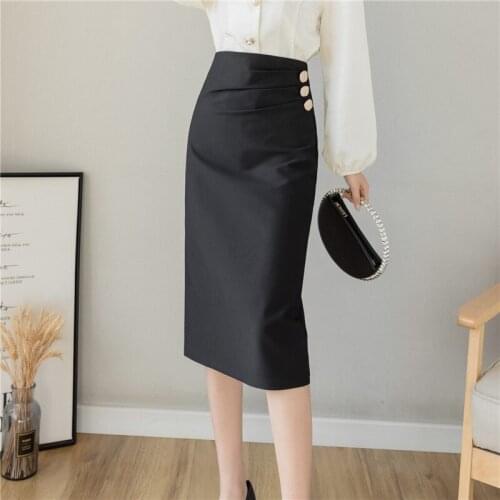 2021 Womens Professional High Waist Black Skirt Slim Temperament Mid-length Womens Professional Wear Female Package Hip Skirts