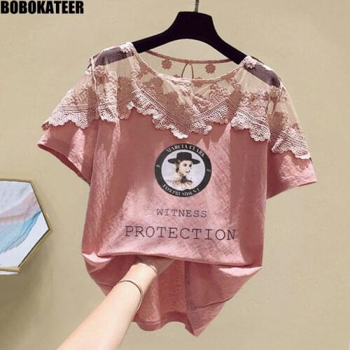 Short Sleeve T shirt Women Tops Pink Summer Korean Clothes Female T-shirt Fashion Printed Lace Tee Shirt Black Fashion New 2021
